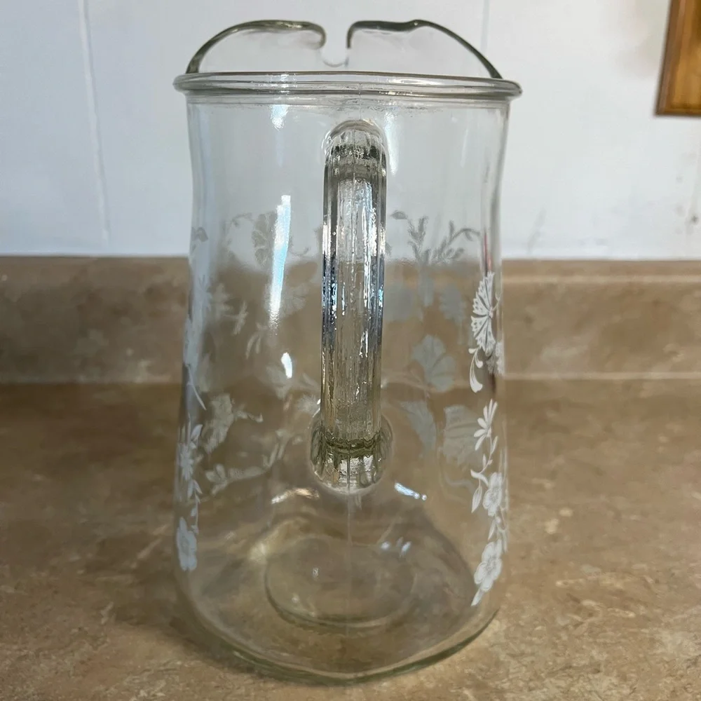 Vintage Clear Glass Pitcher with White Floral Etching